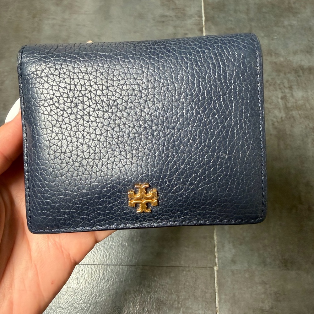 Tory Burch Navy Blue Leather Wallet ID holder with Clear Space for Picture
